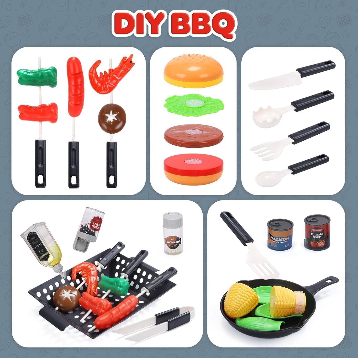 Kids BBQ Grill Toy Set w/ Lights Sounds Mist Spray Red Kitchen