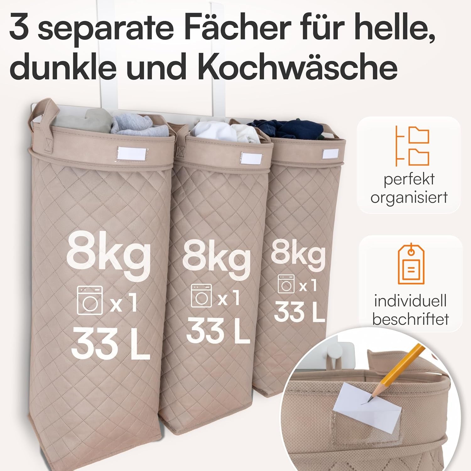 3-Bag Hanging Laundry Hamper Sorter with Handles, Space-Saving Wall Organiser