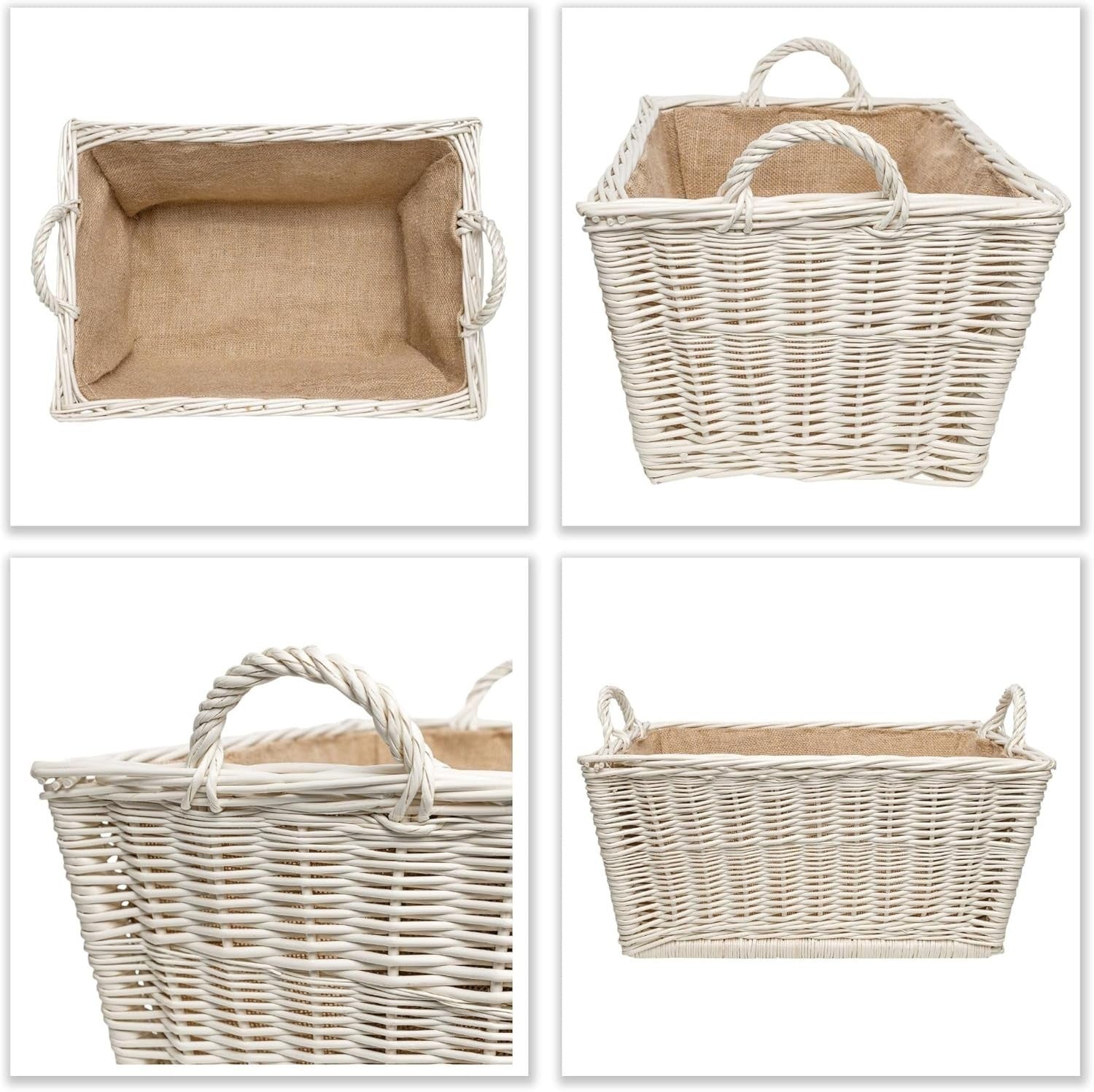 White Wicker Log Basket with Liner | Firewood Storage 47x33x30cm