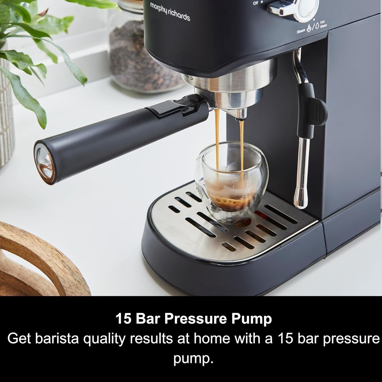 Compact Espresso Machine 15 Bar Pump, Dual Cup, Milk Frother, 1L Tank, Blue