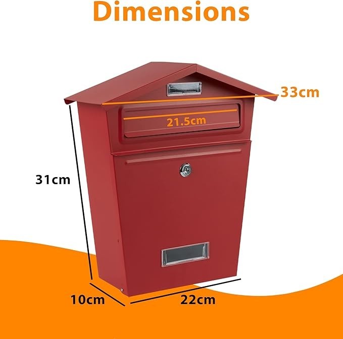 Wall Mounted Lockable Mailbox Red Waterproof Secure Post Box Large Capacity