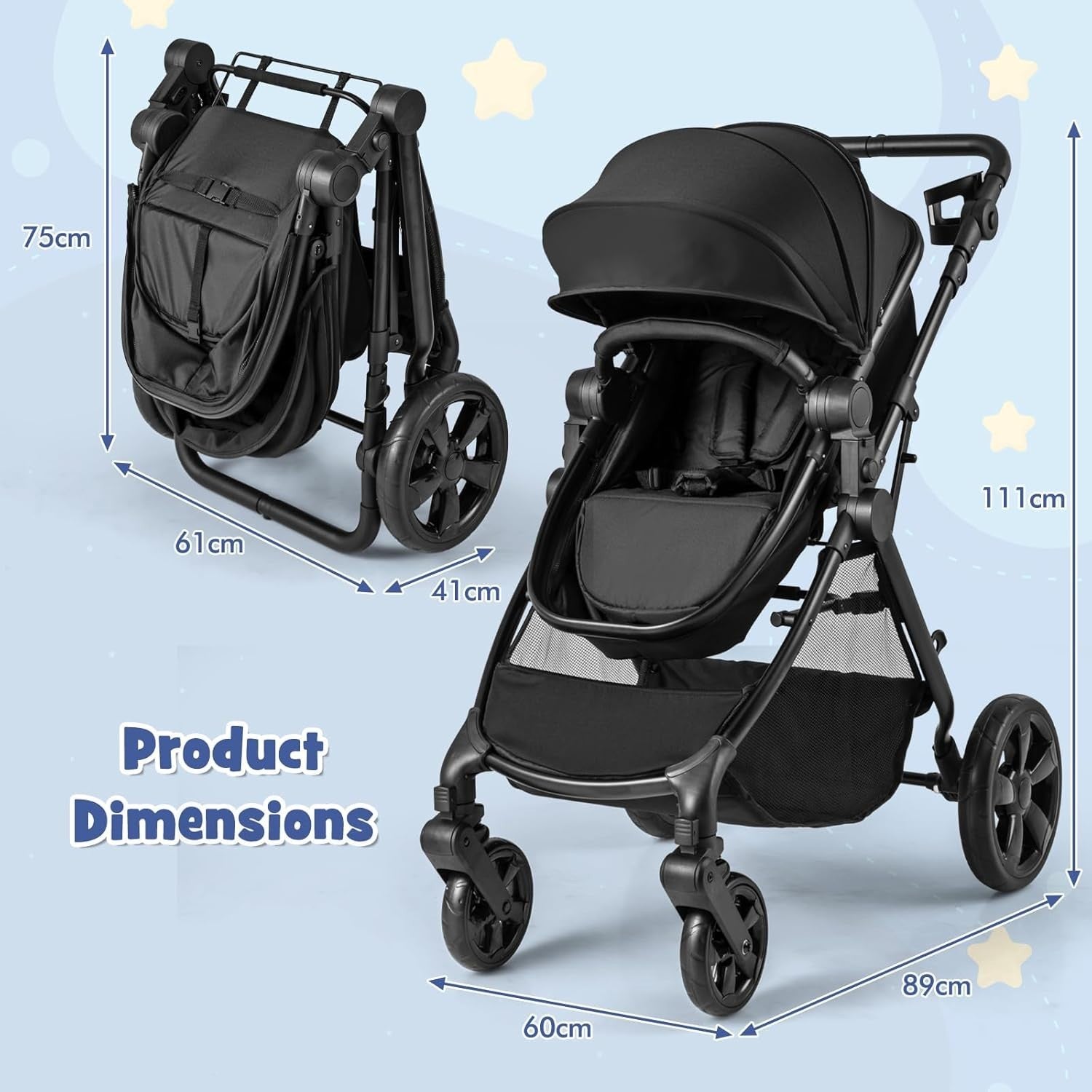 2in1 Baby Pushchair Foldable Lightweight Pram Reversible Seat Adjustable Canopy