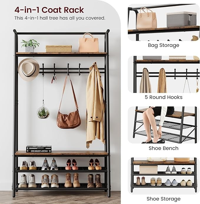 Rustic Brown 3-in-1 Coat Rack with Shoe Storage & 6 Hooks Metal Hall Tree