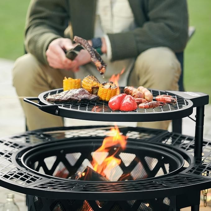 Outdoor Wood Burning Fire Pit with 360° Cooking Grill Large 32" Metal Bowl