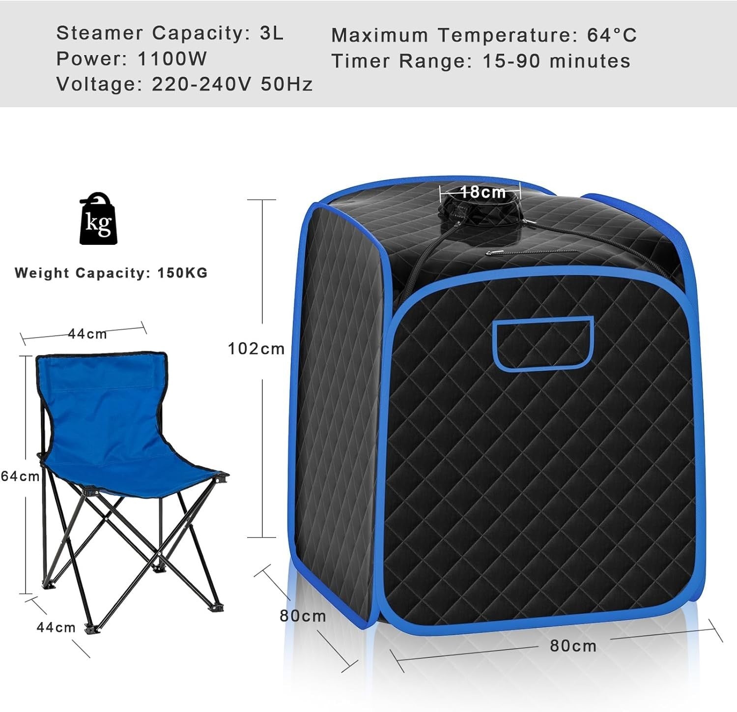 Portable Full Body Steam Sauna Tent Black – 3L Steamer, Chair & Remote