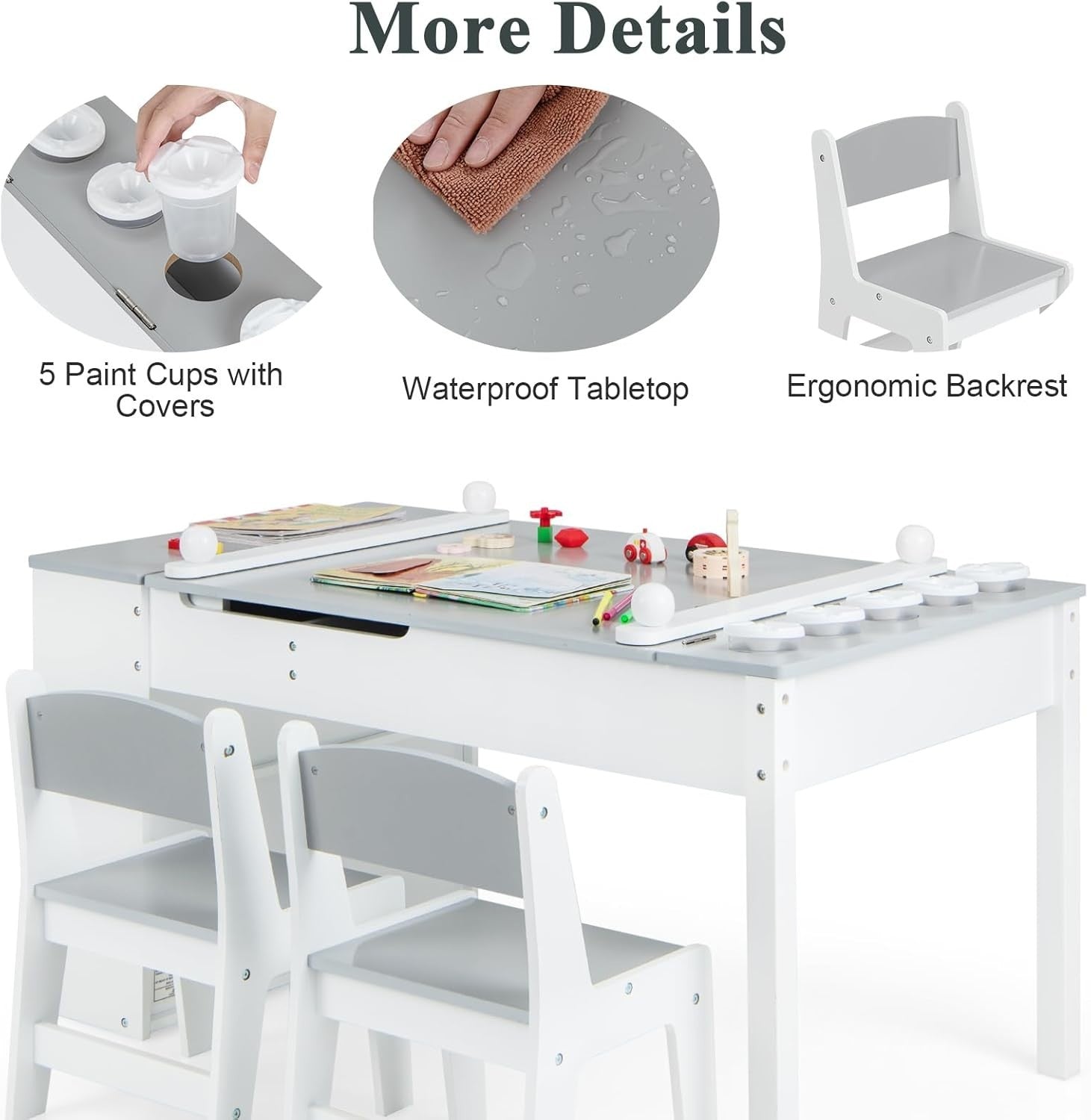 Kids Lift-Top Art & Study Table Set with Storage, Paper Roll & Paint Cups