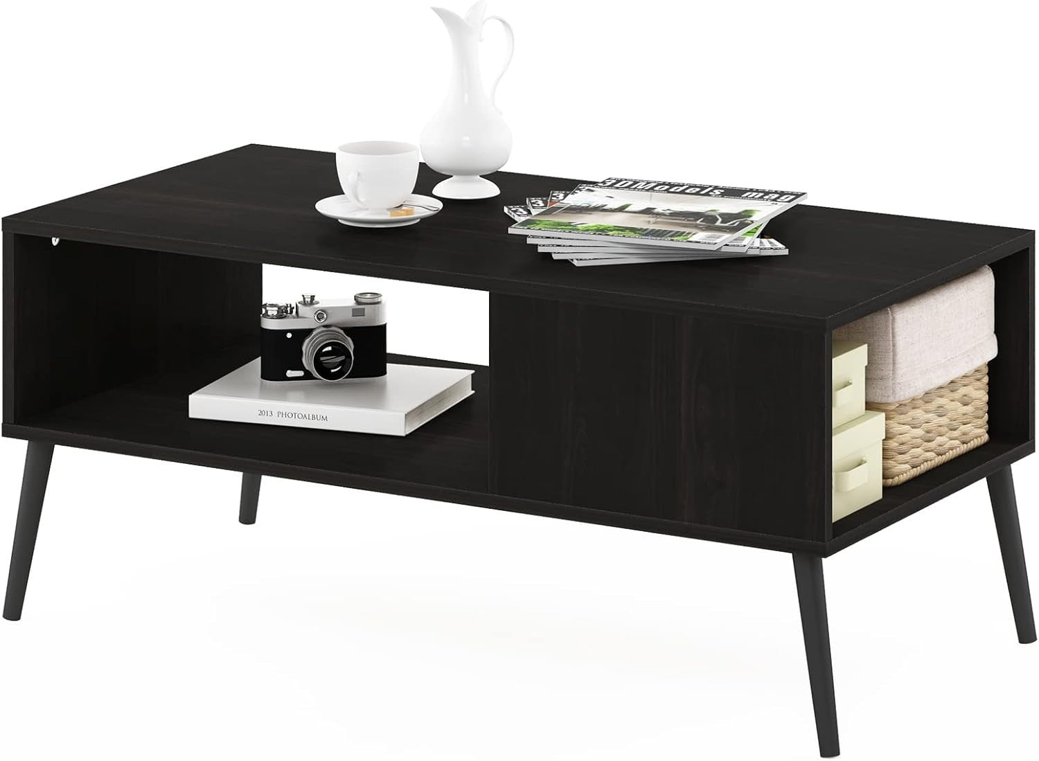 Mid Century Espresso Coffee Table with Wood Legs & 3 Open Shelves 101x50cm
