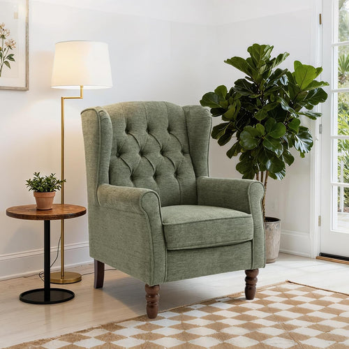 Green Wingback Accent Armchair Button Tufted Fabric Lounge Chair