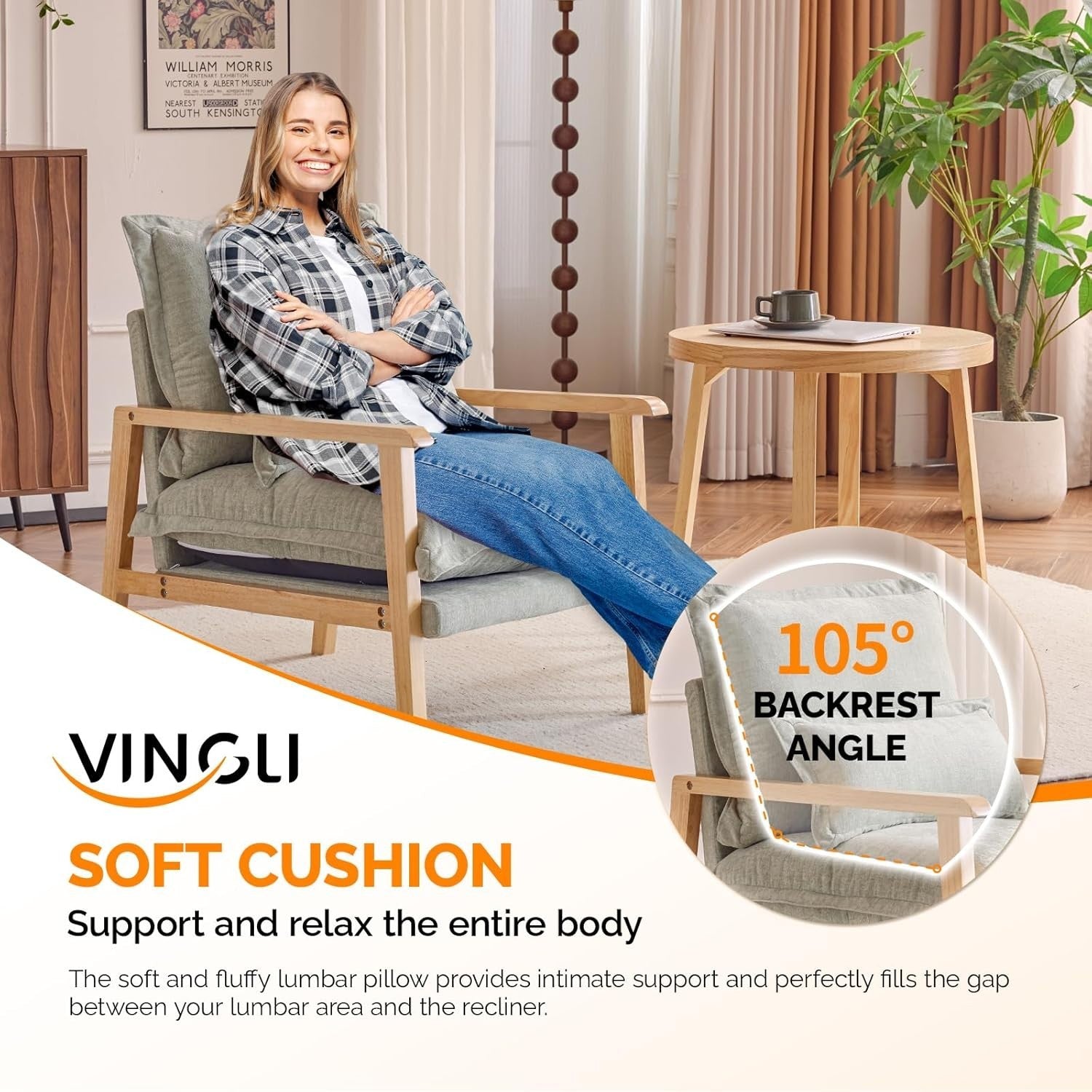 Modern Mid-Century Accent Armchair with Plush Cushion & Wooden Frame, Cozy