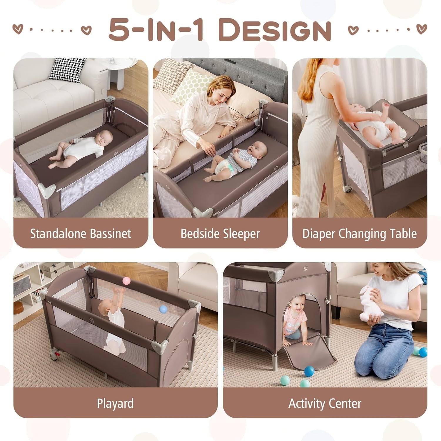 5in1 Baby Travel Cot Foldable Crib with Mattress Basket Changer & Storage Brown