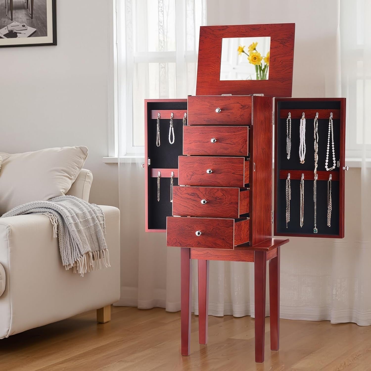 Standing Wooden Jewelry Armoire with Drawers Flip Top Mirror Necklace Doors