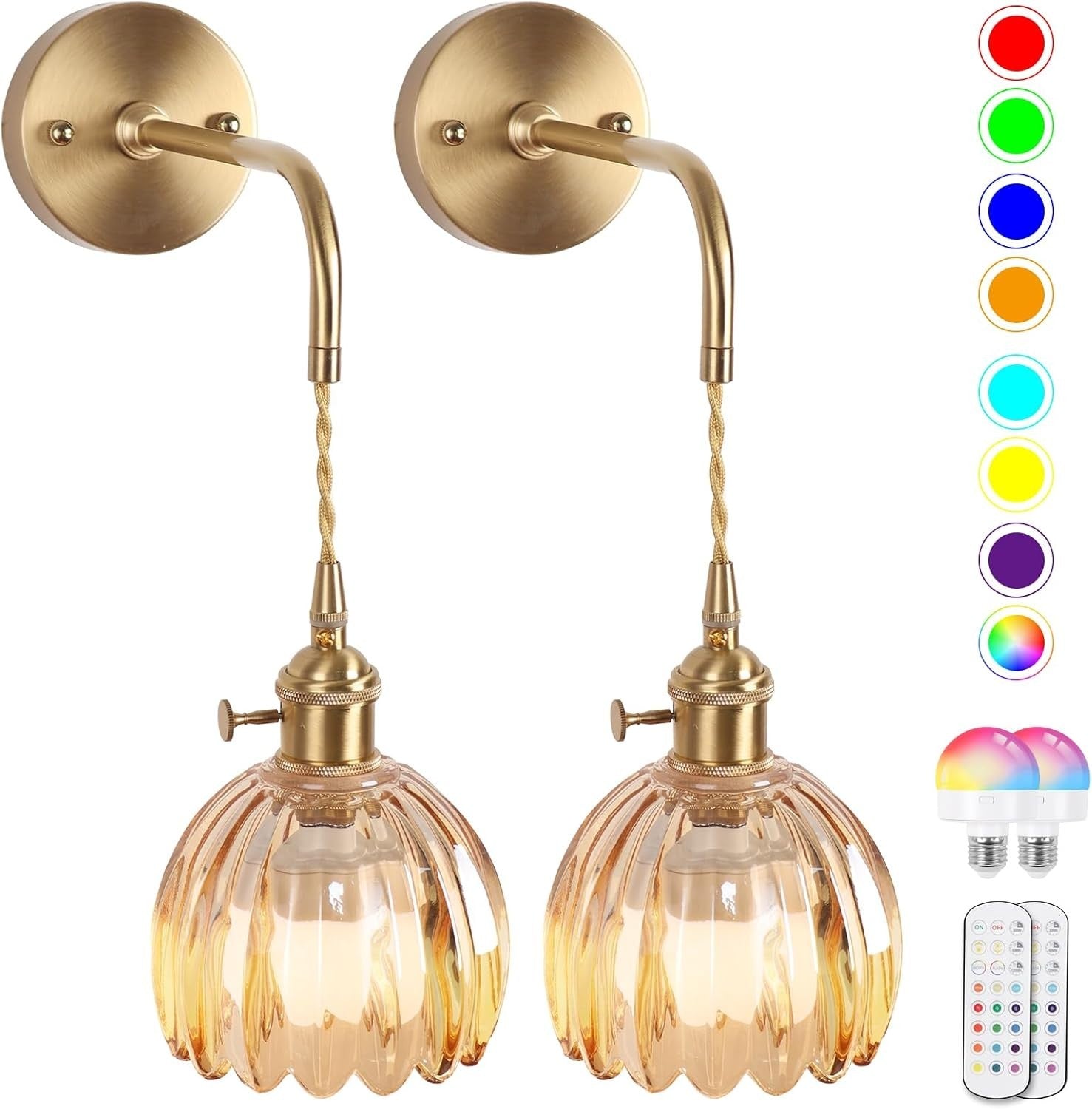 Vintage Battery Operated Wall Sconces with Dimmable Amber Tulip Glass & Remote
