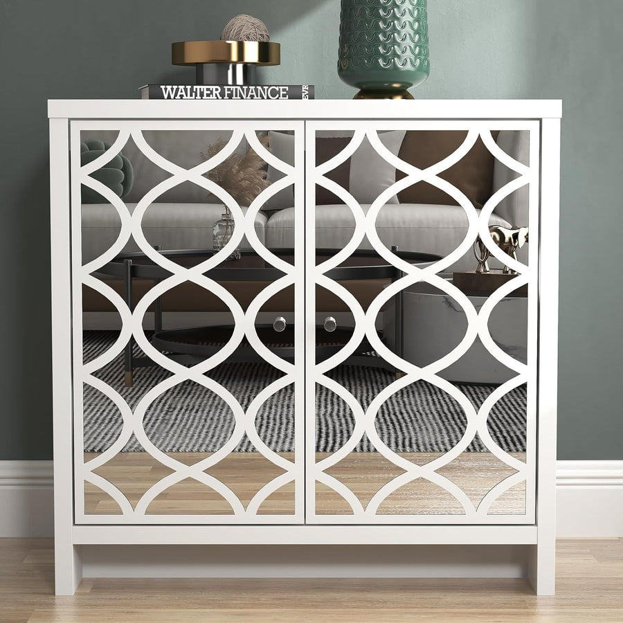 White 2 Door Sideboard Mirror Front Cabinet Modern Storage Unit Hallway