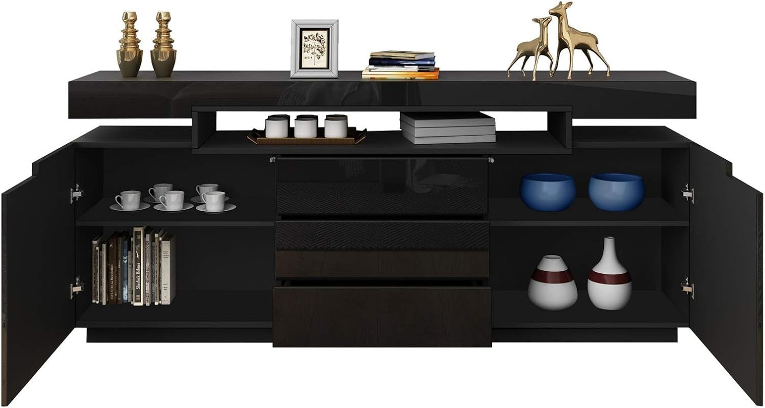 Modern Black High Gloss Sideboard Cabinet LED Light Drawers Storage Unit