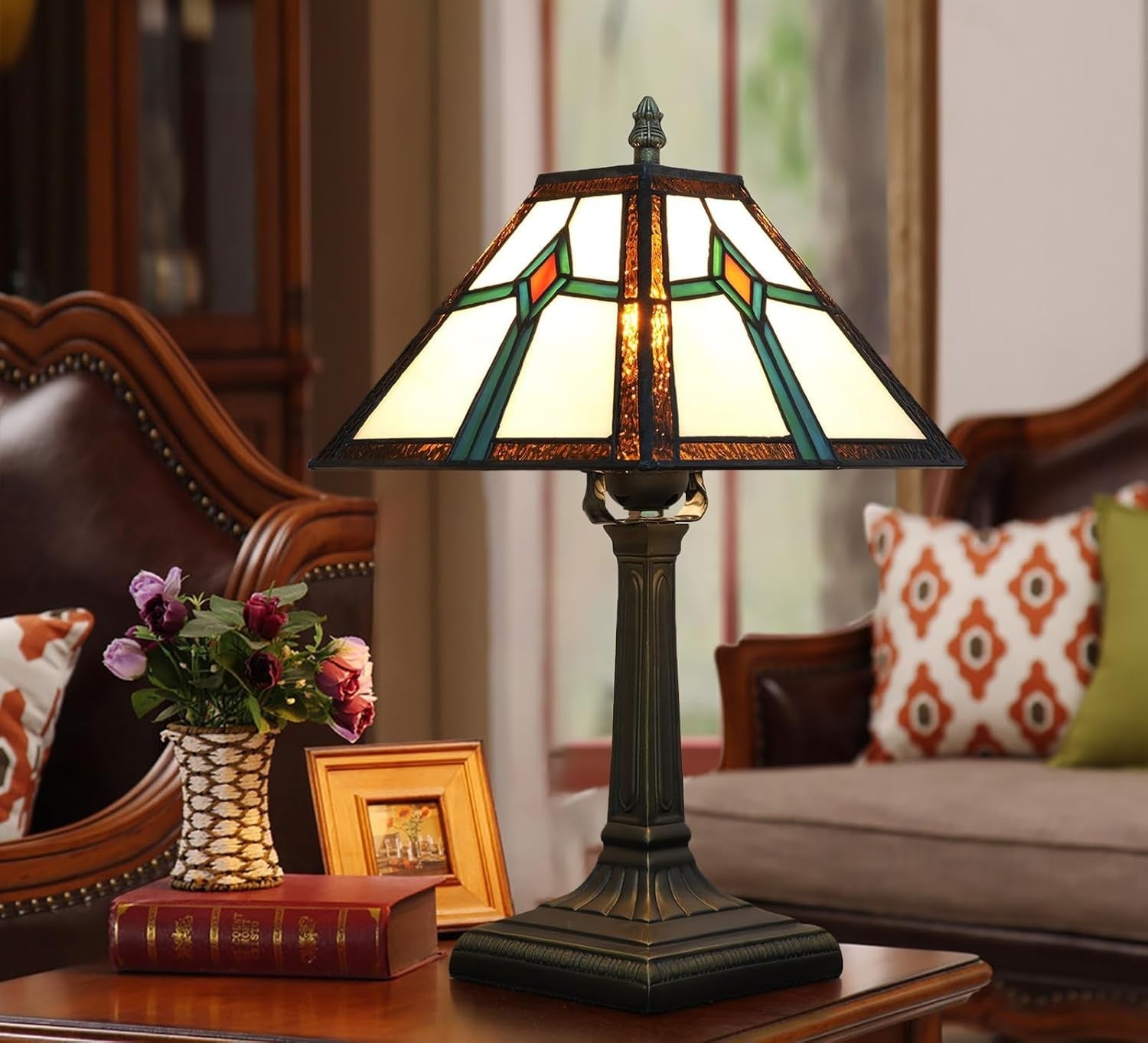 Tiffany Style Table Lamp Vintage Stained Glass Bedside Light w/ LED
