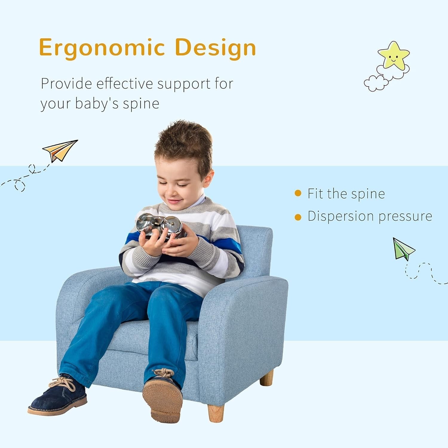 Toddler Armchair Sofa Kids Chair Wooden Frame Blue Seat for Playroom