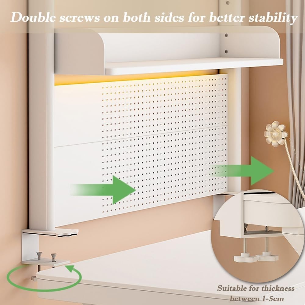 Clamp-On Desk Organizer Shelf 2-Tier Pegboard Hutch Rack 80cm White
