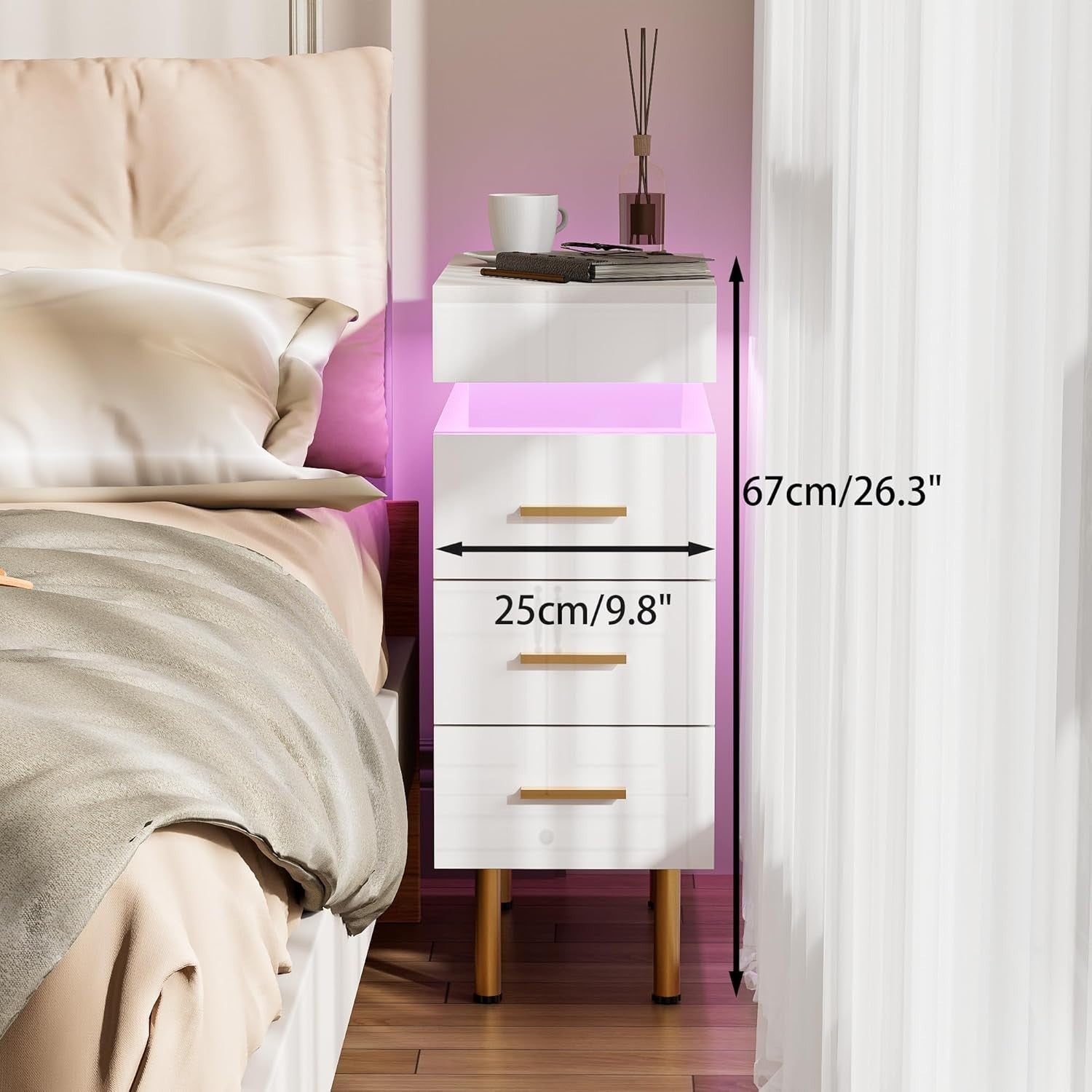Modern LED Bedside Table with USB Charging, 3 Drawers+Hidden Storage, Gold Legs