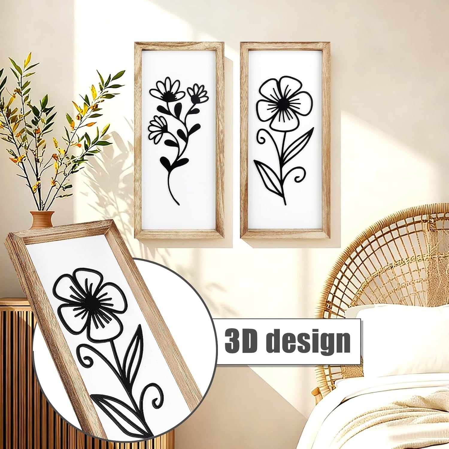 Large 3D Wooden Floral Wall Art Set of 4 Boho Frame Decor for Living Room