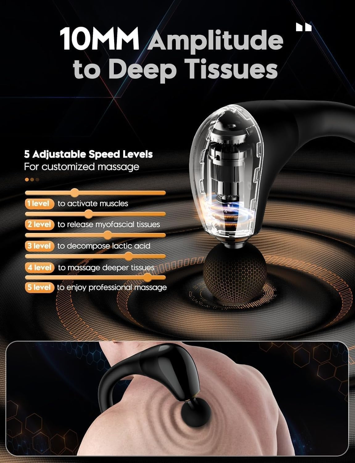 Deep Tissue Massage Gun with Extension Handle 10mm Percussion Back Pain Relief