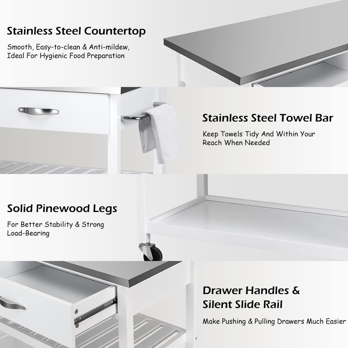 Kitchen Island Trolley on Wheels Stainless Steel Worktop Storage Cart