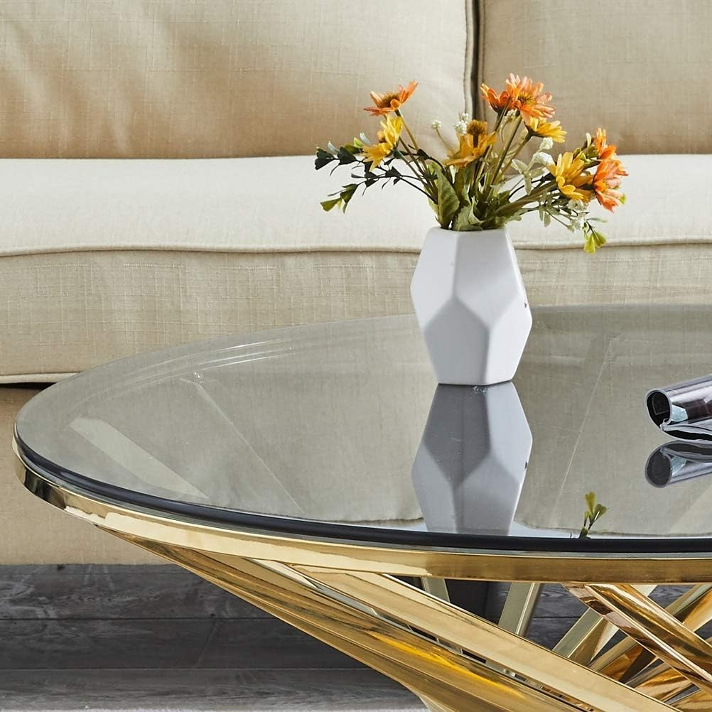 Golden Round Glass Coffee Table with Stainless Steel Spiral Frame 80x43cm