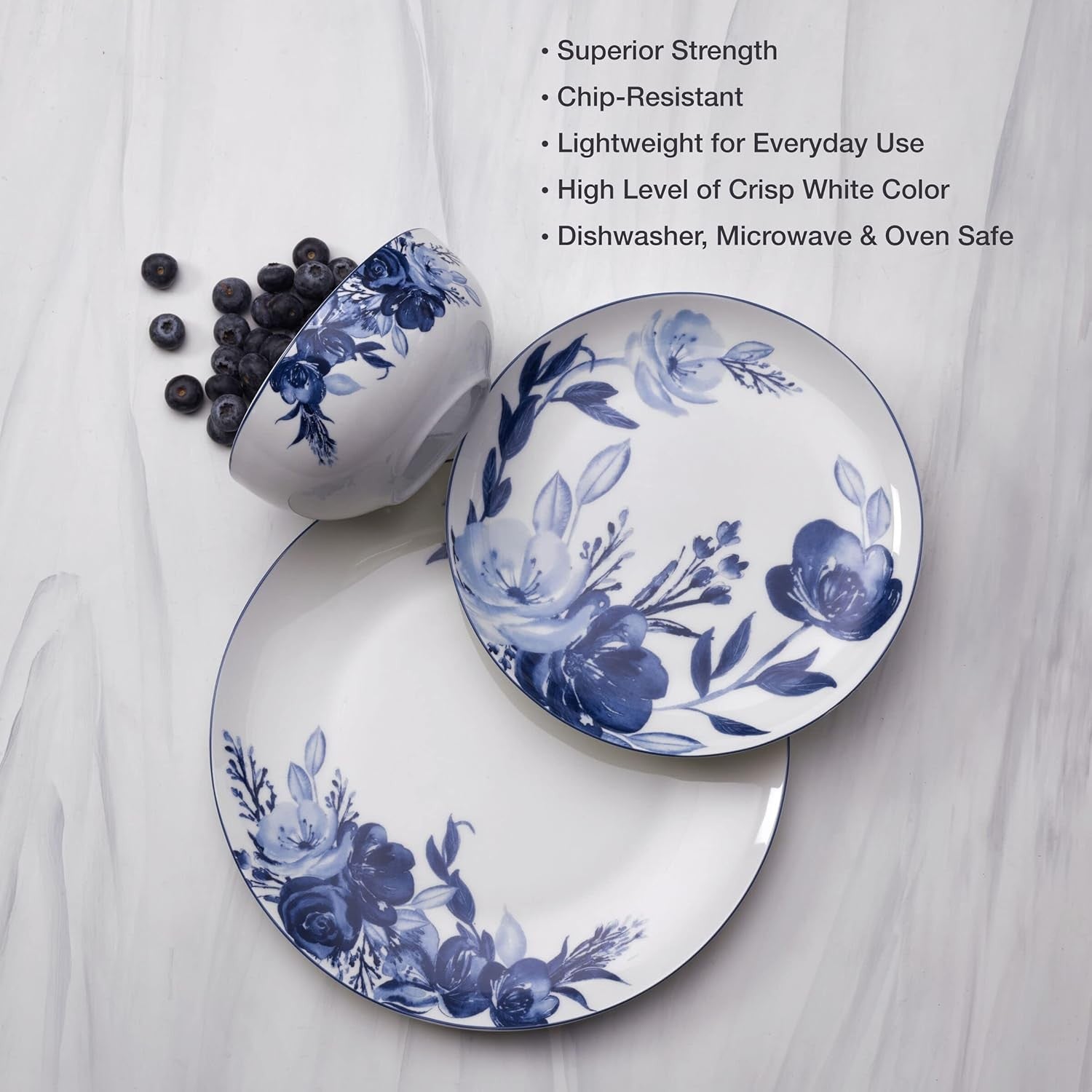 12pc Bone China Dinner Set Blue White Floral Plates Bowls Service for 4