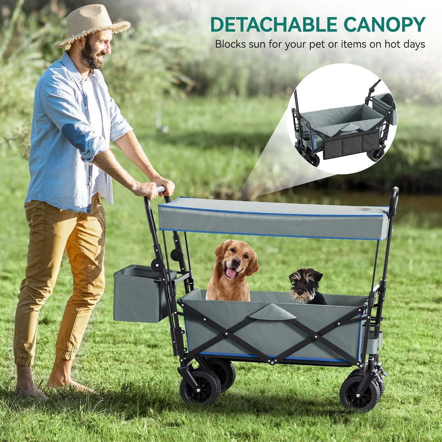 Grey Folding Beach Wagon Cart w/ Canopy Push Pull Large 220lb Capacity