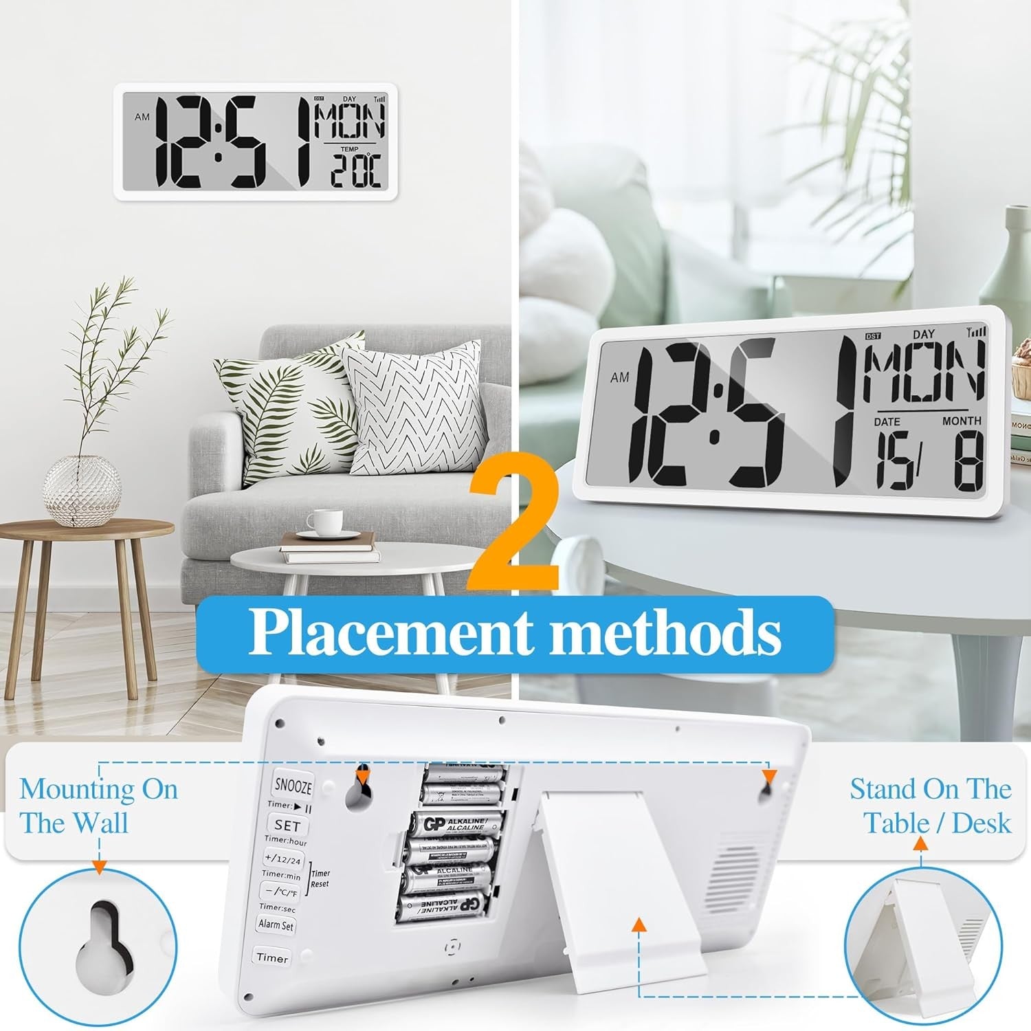 Atomic Digital Wall Clock 15'' Large Display Alarm Date Temperature Battery