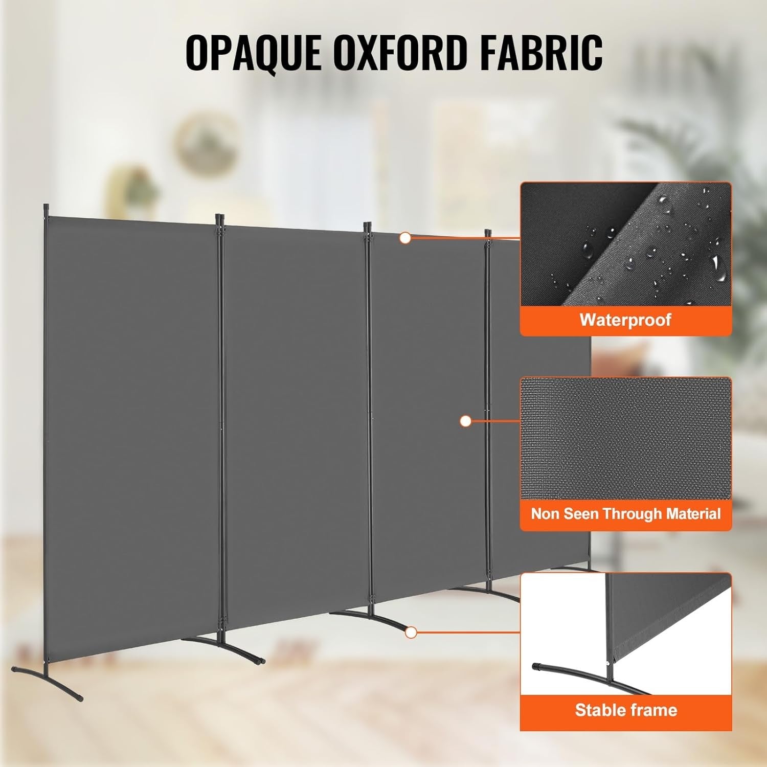 4 Panel Folding Room Divider Grey Fabric Freestanding Privacy Screen 360x184cm