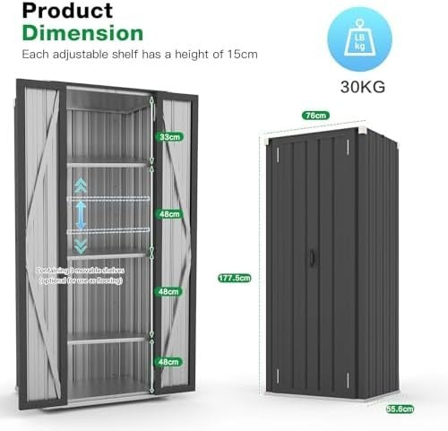 Metal Garden Storage Cabinet with 3 Adjustable Shelves Weatherproof Dark Grey