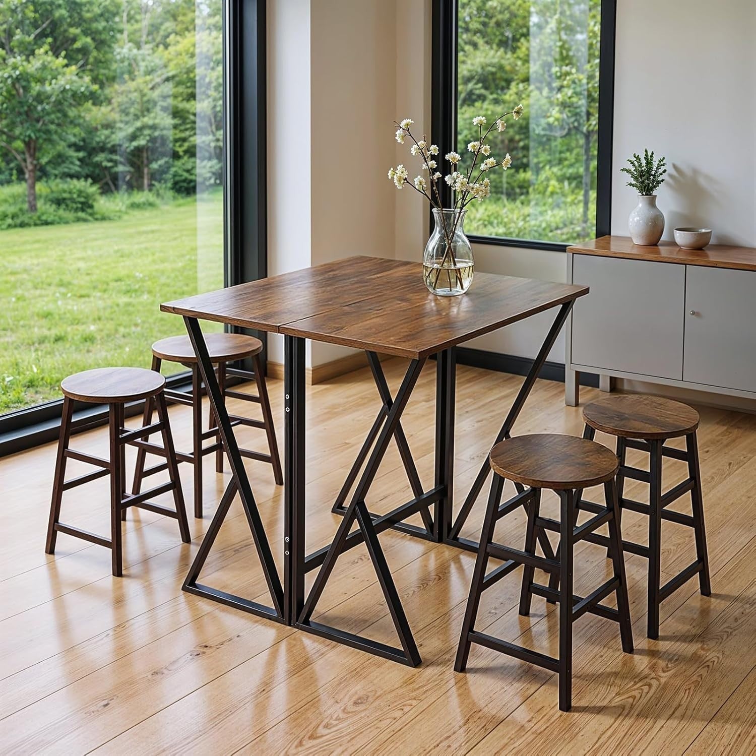 5-Piece Folding Breakfast Bar Table & 4 Stools Set – Vintage Brown Compact