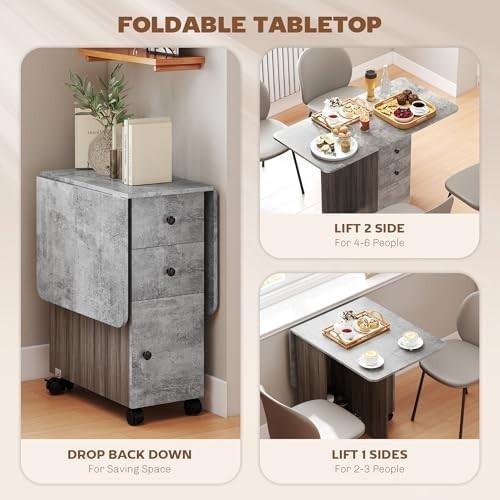 Folding Drop Leaf Dining Table on Wheels with Storage Drawers Cabinet Grey