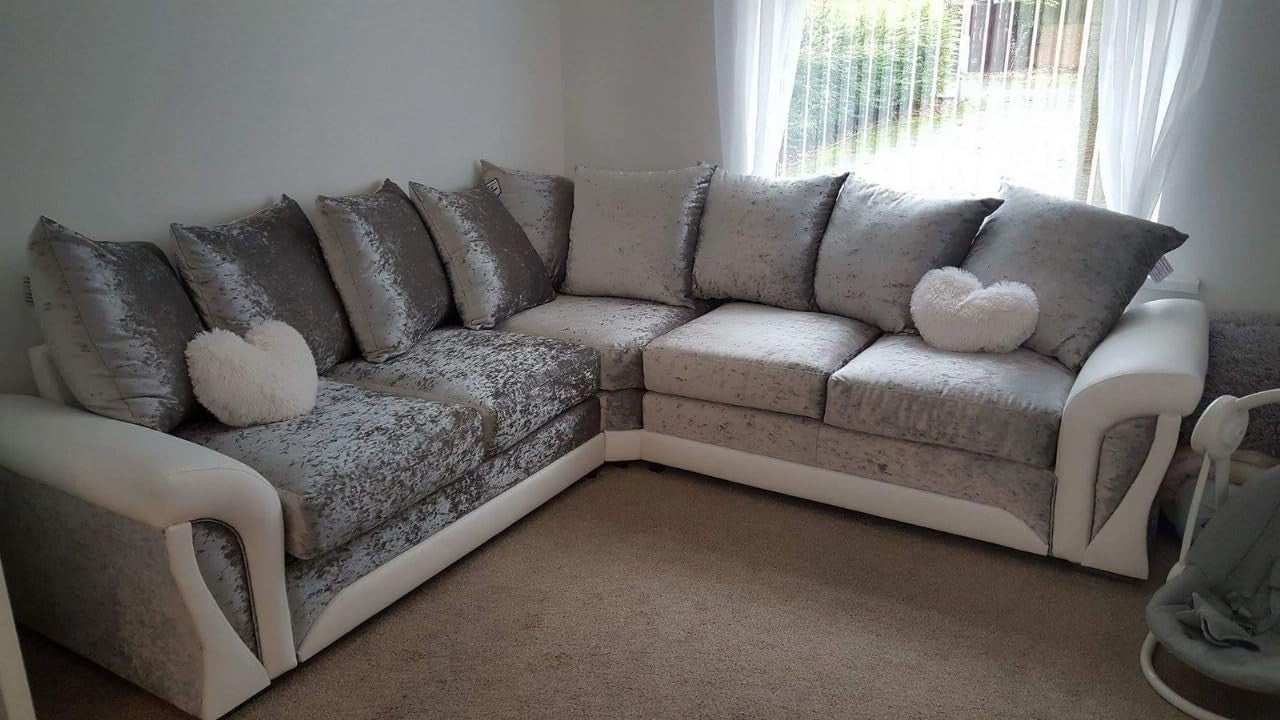 Silver 2C2 Corner Sofa 5 Seater Crushed Velvet L-Shape with Scatter Cushions