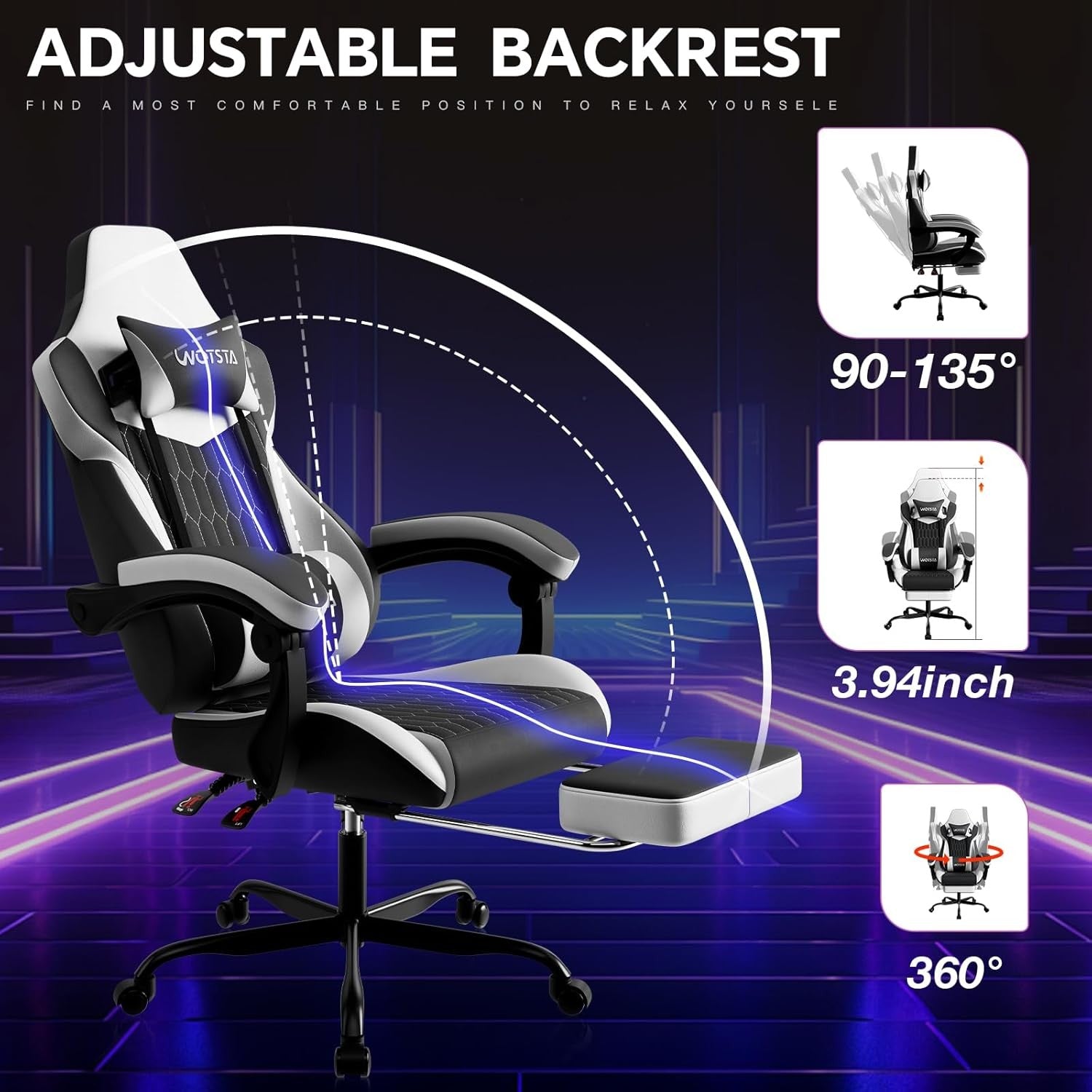 Ergonomic Gaming Chair Black White w/ Footrest Lumbar