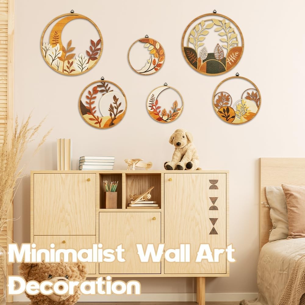 Boho Wooden Wall Art Set of 6 Botanical Circles Living Room Bedroom Decor
