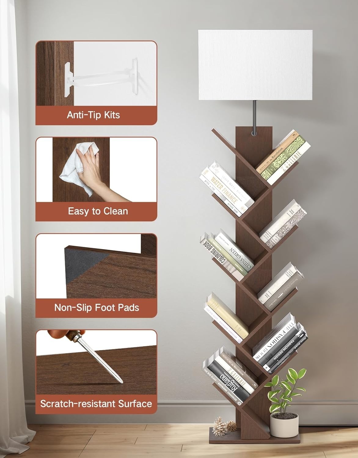 9 Tier Tree Bookshelf with LED Lamp Remote Walnut  Tall Narrow Shelf
