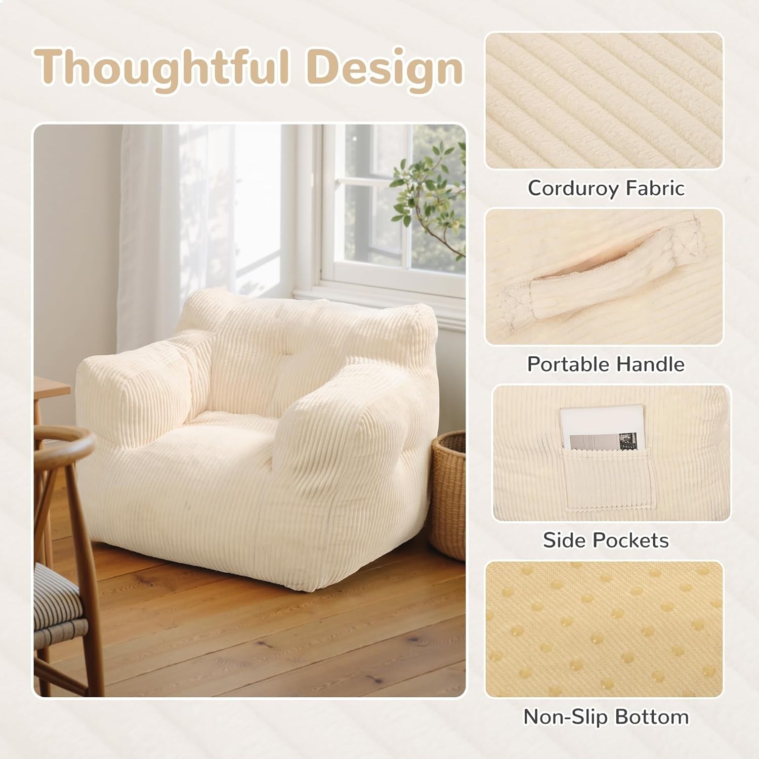 Comfy Bean Bag Chair for Adults with Sponge Filling, Ergonomic Sofa - Beige