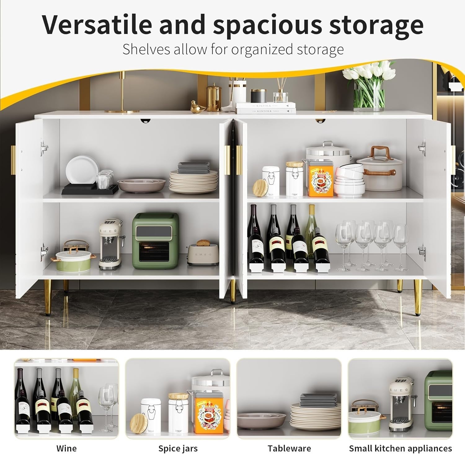 Modern White Sideboard Cabinet Gold Handles Storage Unit for Living Room