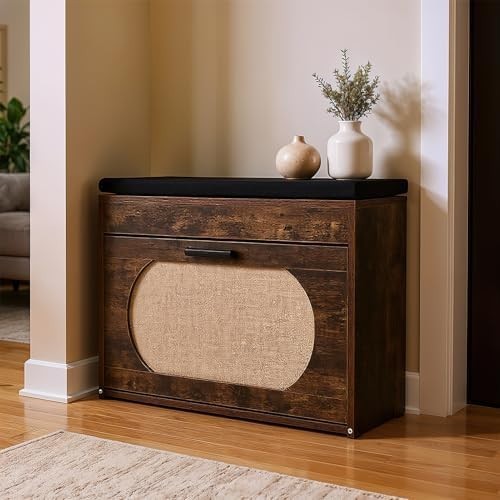 Rustic Brown Shoe Storage Bench with Cushion & Flip Drawer – Hallway Seat