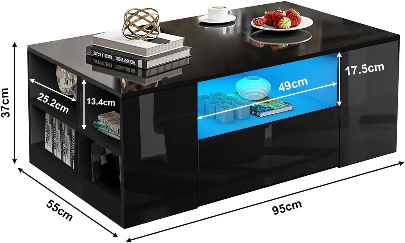 Black High Gloss Coffee Table with LED Lights, 2 Drawers & Storage 95x55x37cm