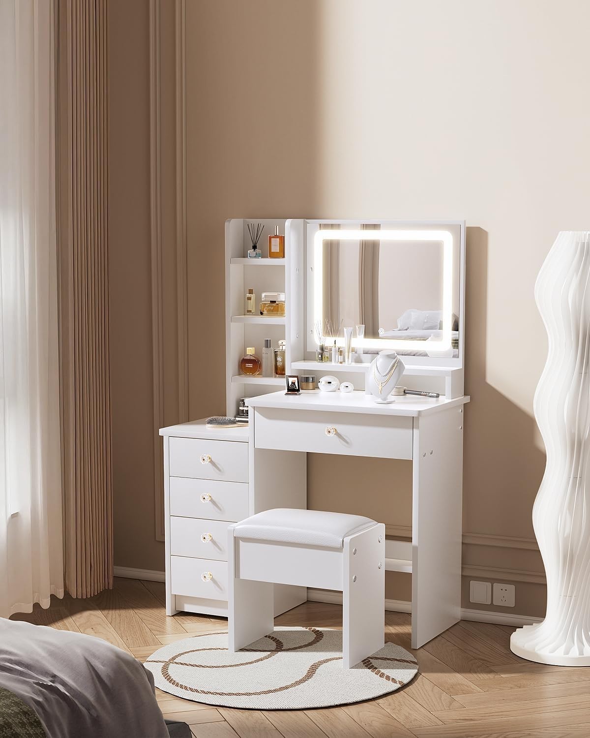 Makeup Vanity Desk Set LED Mirror 3-Color Light 4 Drawers Stool Dressing Table