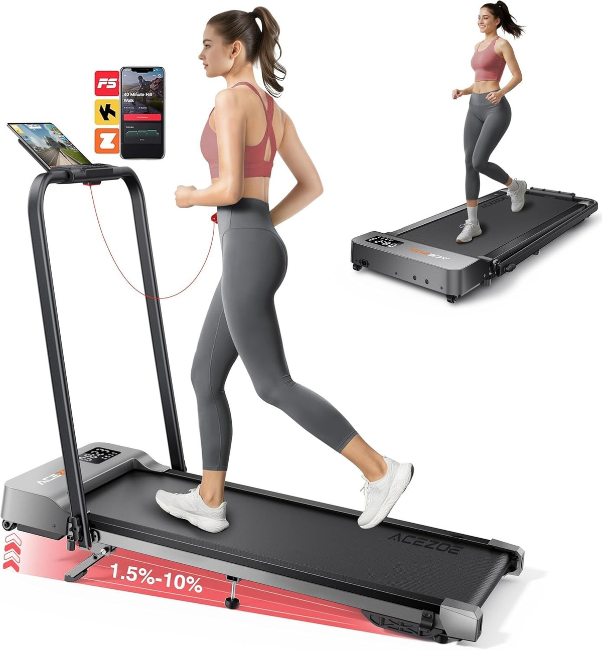 10% Incline Foldable Walking Pad 2.5HP, Dual Display, 300lbs, App Treadmill