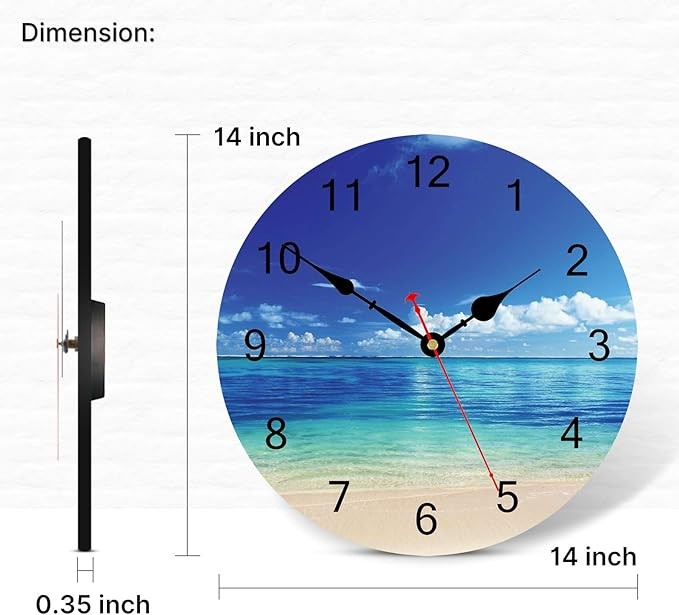 14" Beach Ocean Wall Clock Silent Sea View Coastal Blue Decorative Home Decor