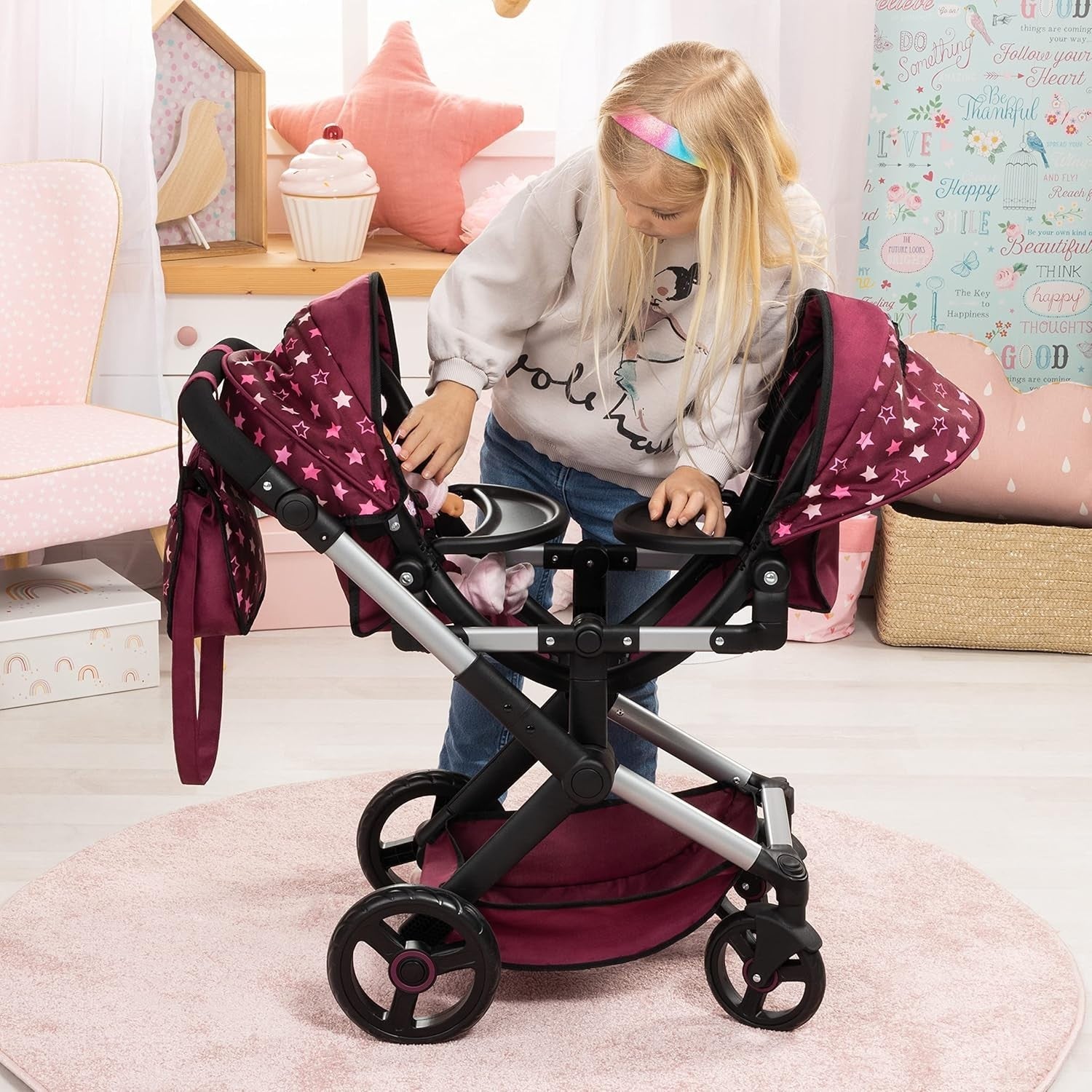 Double Dolls Stroller Carriage Foldable Adjustable Handle Basket Bag
