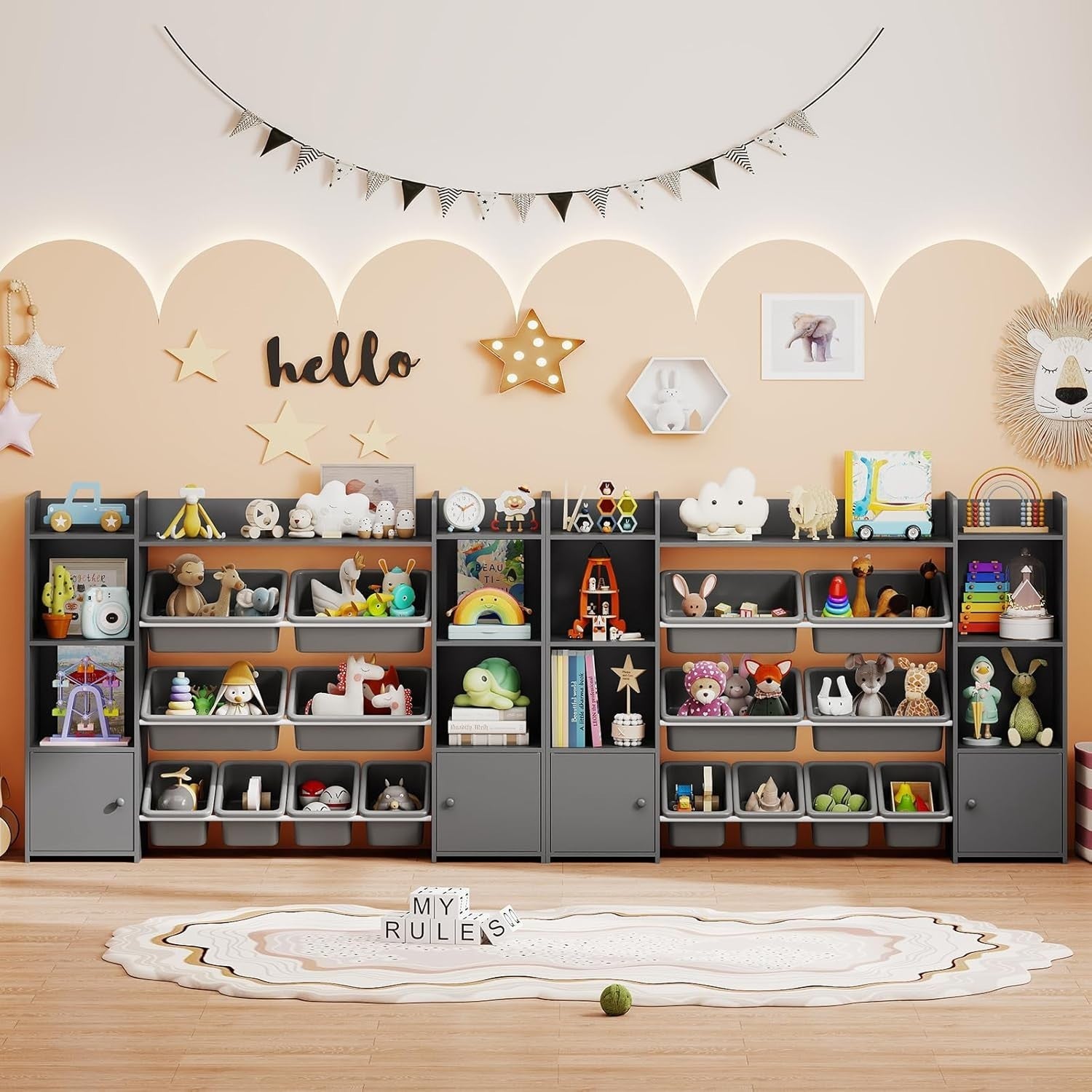 Kids Toy Storage Unit with Bins & Shelves – Large Grey Bookshelf 142cm
