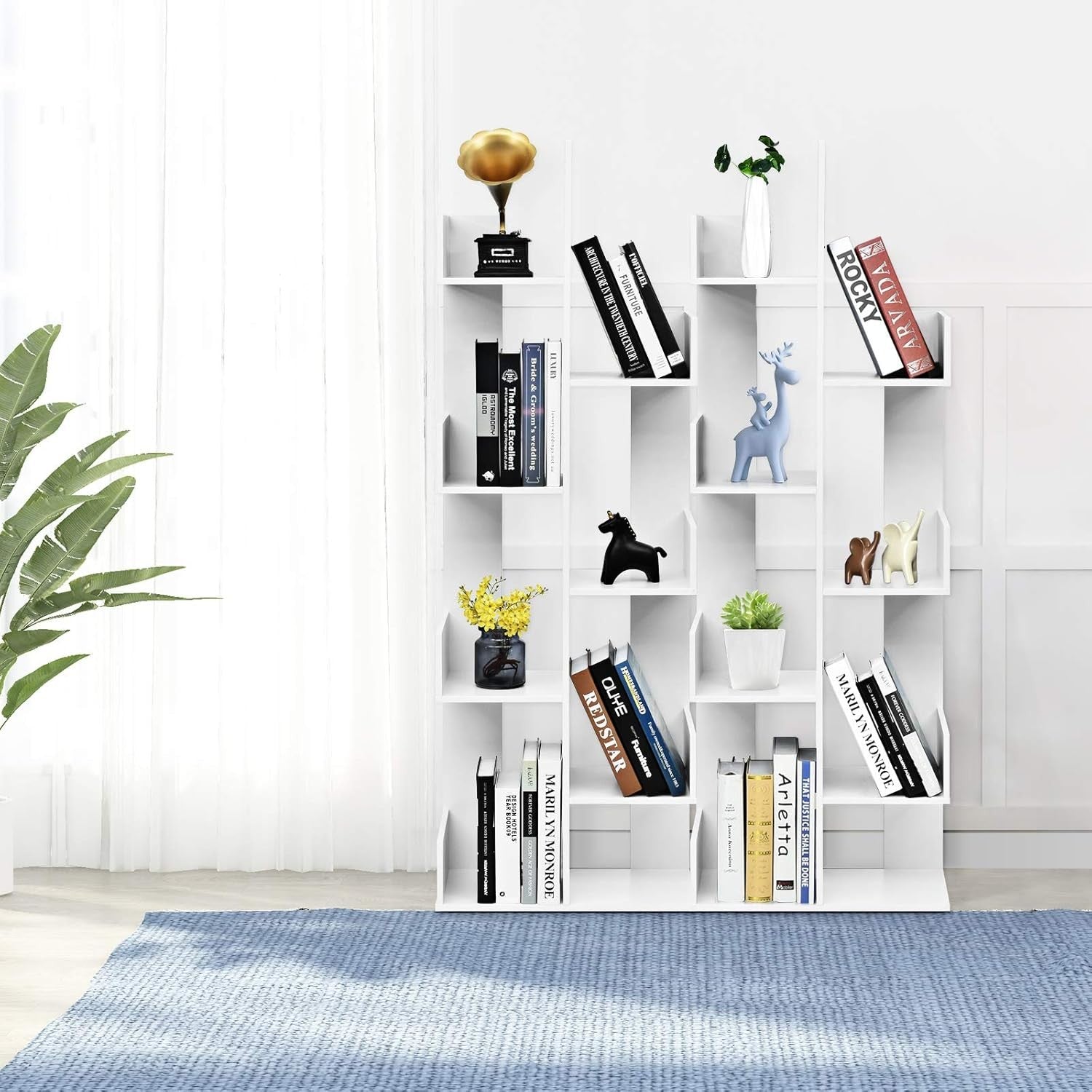 8-Tier Tree Bookcase White Freestanding Modern Storage Shelf Unit for Home Offic