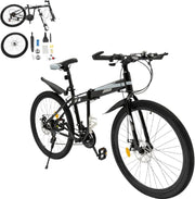 26" Folding Mountain Bike 21-Speed Adjustable Seat Dual Disc Brakes Adult MTB