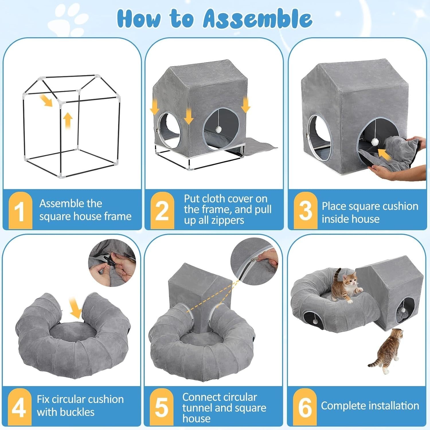 Cat Donut Tunnel Bed w Square House Peekaboo Play Cave Washable Gray