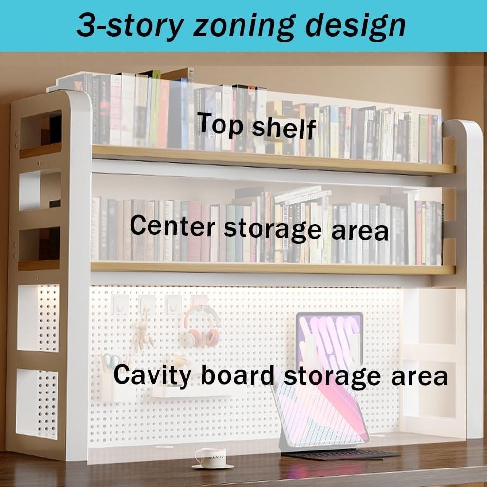 120cm White Desktop Bookshelf 2-Tier Desk Hutch Pegboard Storage Organizer Shelf